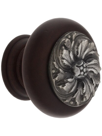 1 1/2 inch Diameter Chrysanthemum Knob in Dark Walnut/Antique Pewter.